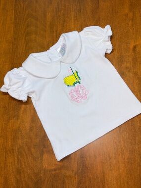 White Girls' Peter Pan Collar Shirt w/ Yellow Green Masters Golf Motif/Monogram